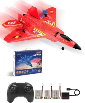 Remote Control Plane F-22 Raptor, 2.4Ghz Rc Airplane with Smart Gyro/LED Lights/3 Rechargeable Batteries, Jet Fighter Toy Gift for Kids Boy Girl Beginner (Red)