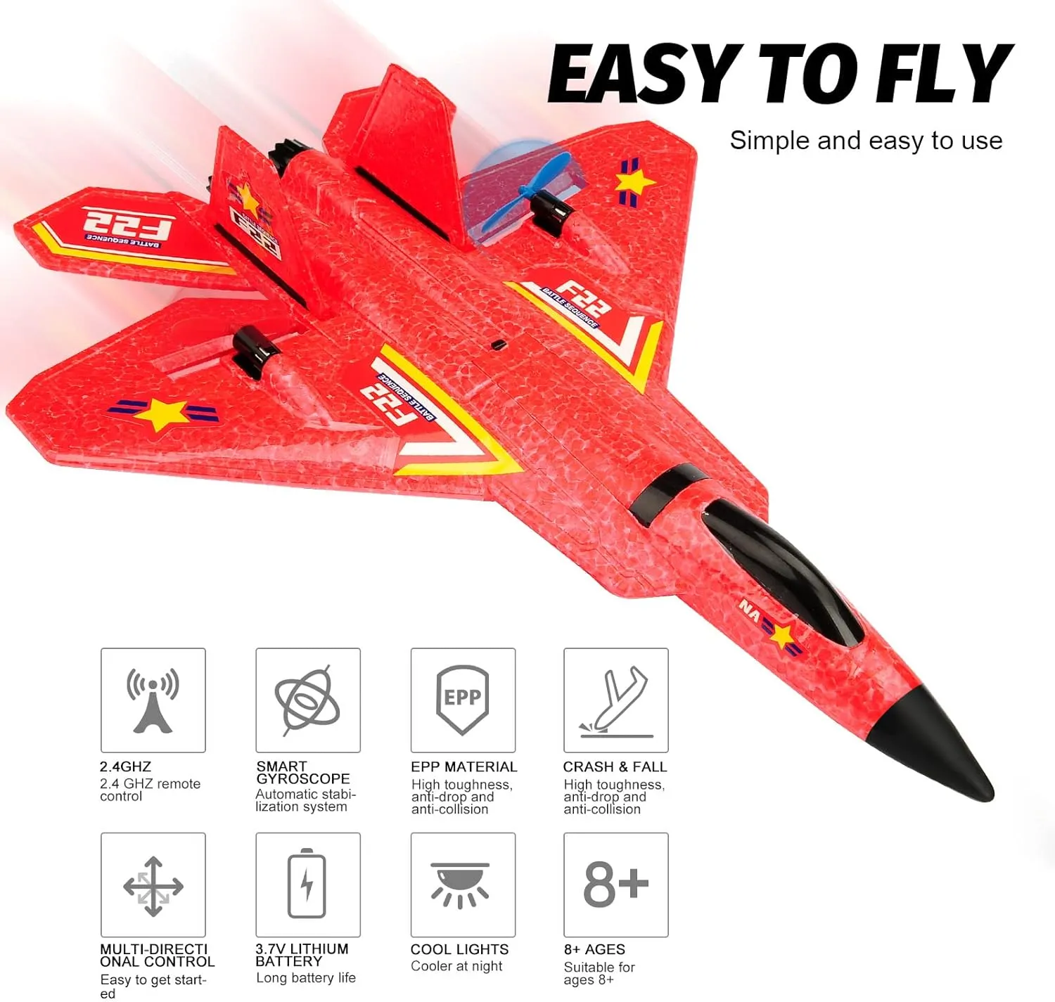 Remote Control Plane F-22 Raptor, 2.4Ghz Rc Airplane with Smart Gyro/LED Lights/3 Rechargeable Batteries, Jet Fighter Toy Gift for Kids Boy Girl Beginner (Red)