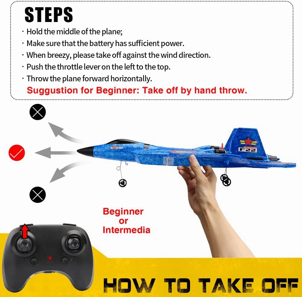 Remote Control Plane F-22 Raptor, 2.4Ghz Rc Airplane with Smart Gyro/LED Lights/3 Rechargeable Batteries, Jet Fighter Toy Gift for Kids Boy Girl Beginner (Blue)