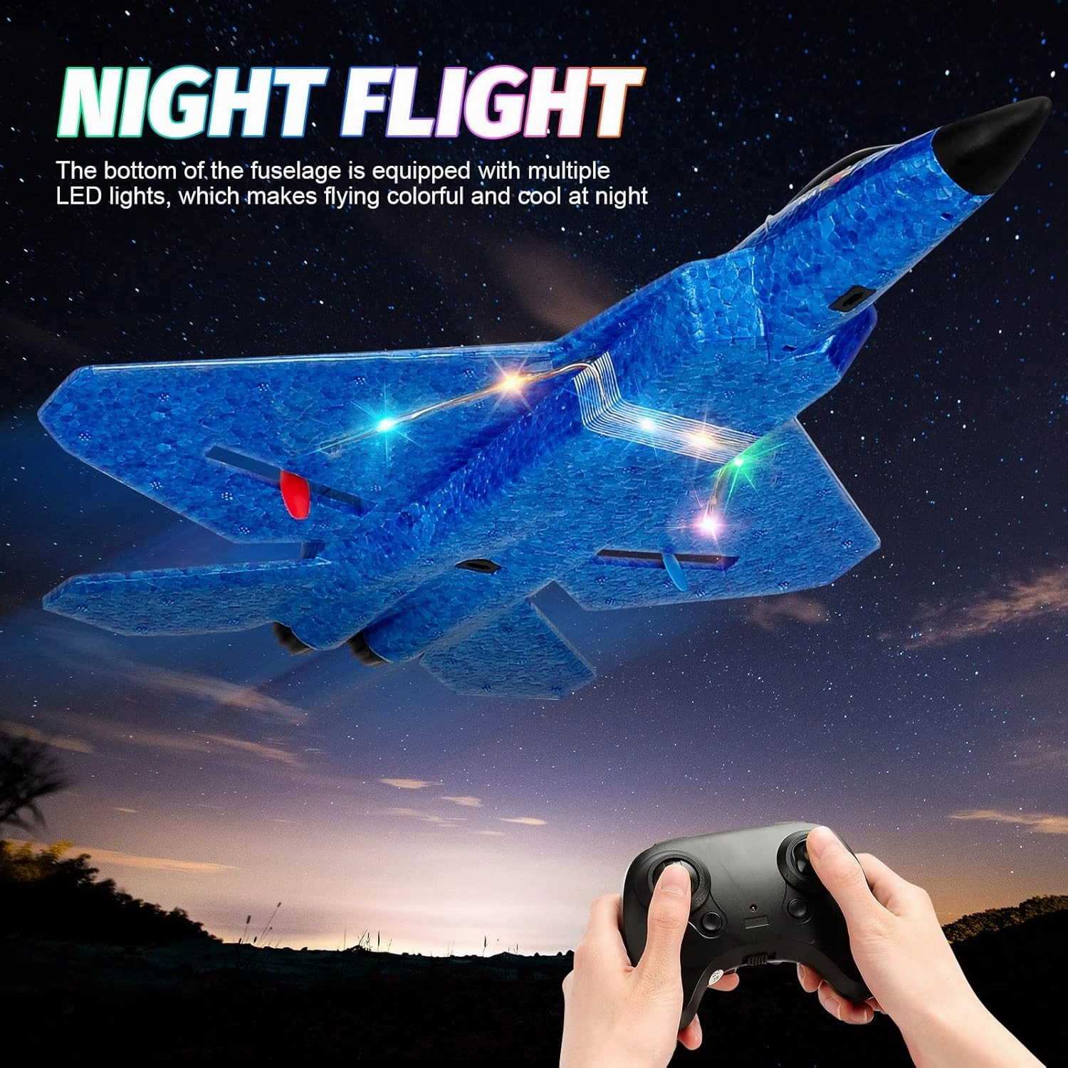 Remote Control Plane F-22 Raptor, 2.4Ghz Rc Airplane with Smart Gyro/LED Lights/3 Rechargeable Batteries, Jet Fighter Toy Gift for Kids Boy Girl Beginner (Blue)