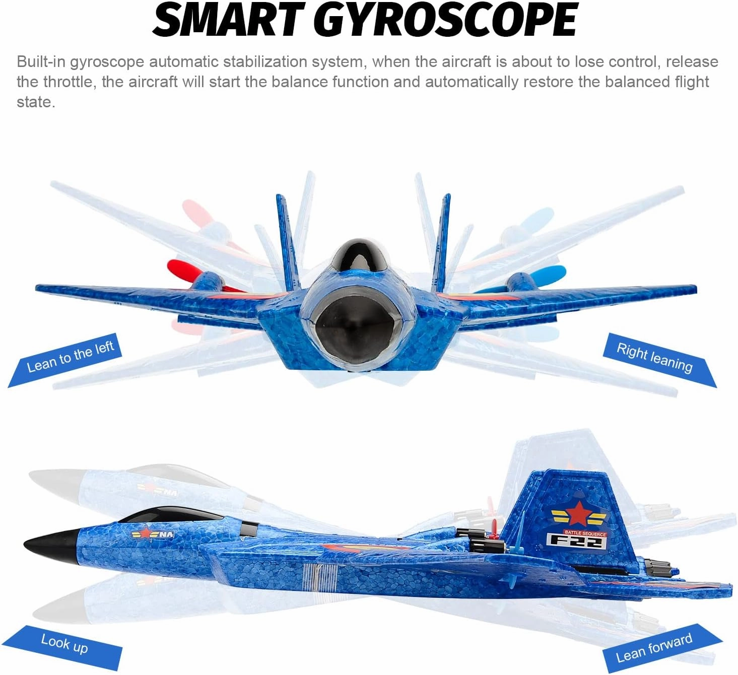 Remote Control Plane F-22 Raptor, 2.4Ghz Rc Airplane with Smart Gyro/LED Lights/3 Rechargeable Batteries, Jet Fighter Toy Gift for Kids Boy Girl Beginner (Blue)
