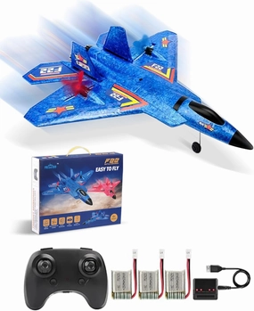Remote Control Plane F-22 Raptor, 2.4Ghz Rc Airplane with Smart Gyro/LED Lights/3 Rechargeable Batteries, Jet Fighter Toy Gift for Kids Boy Girl Beginner (Blue)