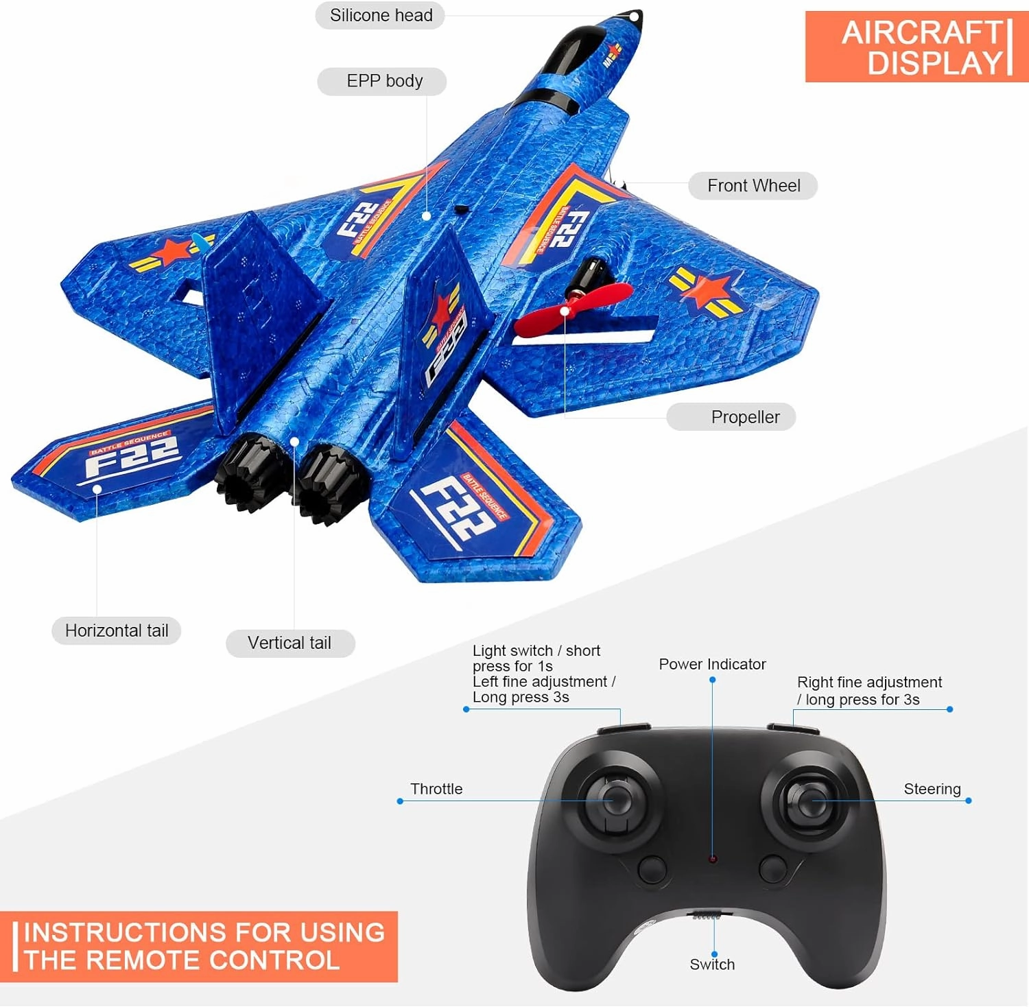 Remote Control Plane F-22 Raptor, 2.4Ghz Rc Airplane with Smart Gyro/LED Lights/3 Rechargeable Batteries, Jet Fighter Toy Gift for Kids Boy Girl Beginner (Blue)