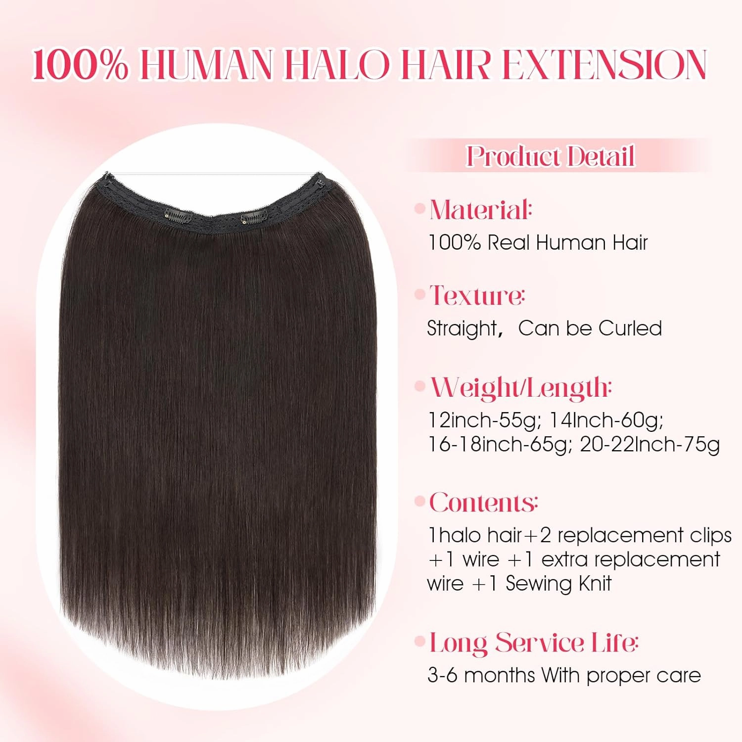 Rich Choices Halo Hair Extensions Real Human Hair 100% Remy Human Hair Halo Extensions for Women Invisible Wire Hair Extensions 12 Inch #1B Natural Black
