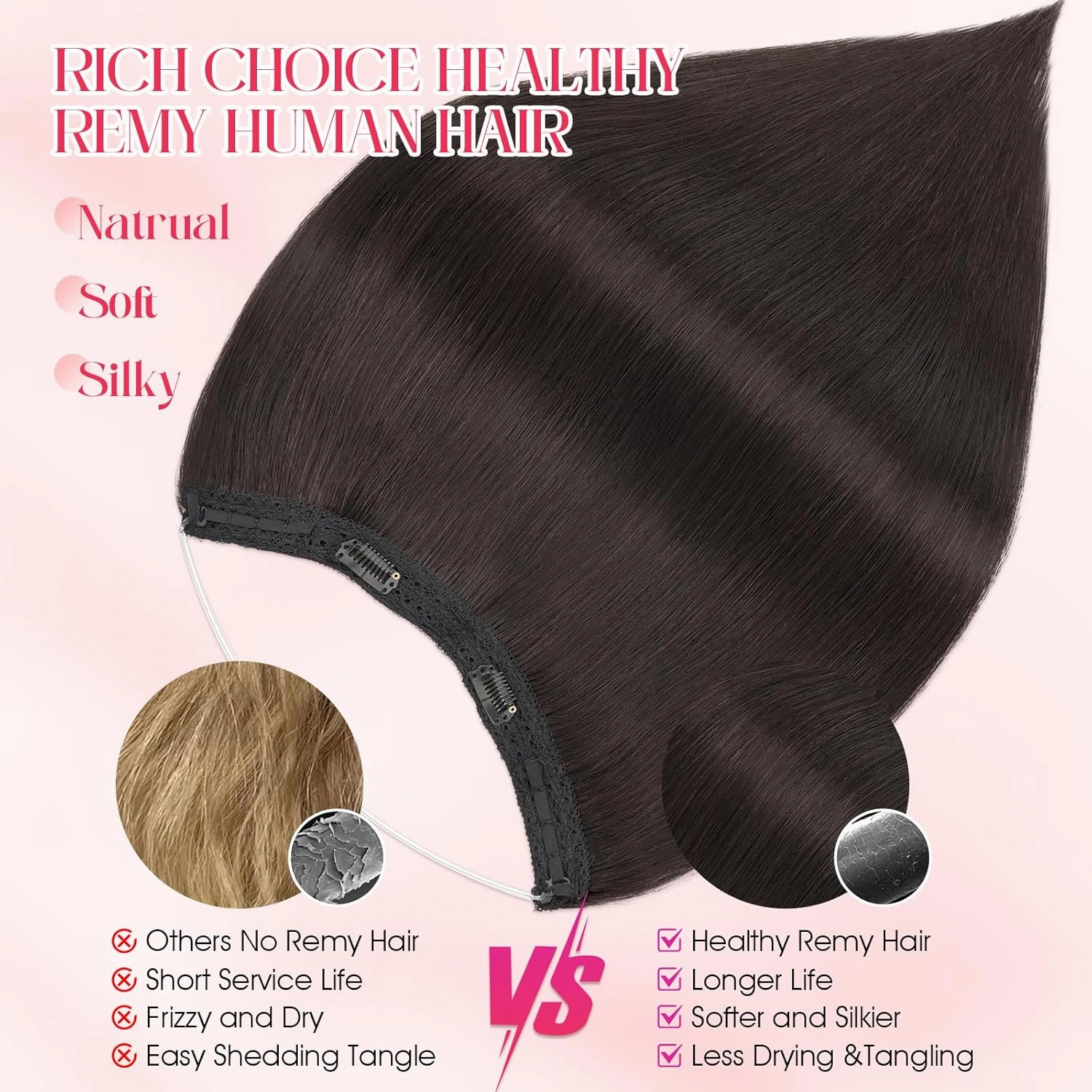 Rich Choices Halo Hair Extensions Real Human Hair 100% Remy Human Hair Halo Extensions for Women Invisible Wire Hair Extensions 12 Inch #1B Natural Black