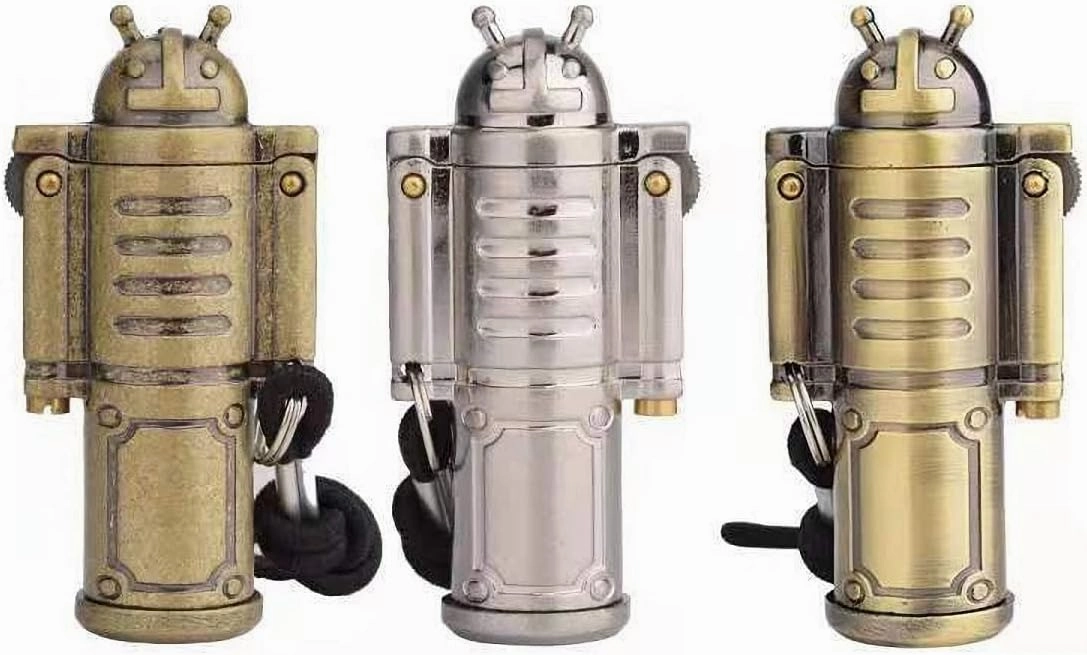 Robot Shaped Kerosene Lighter, Vintage Trench Lighter, Mini Metal Portable Pocket Lighter with 7 Flints and 1 Wick, Bronzy