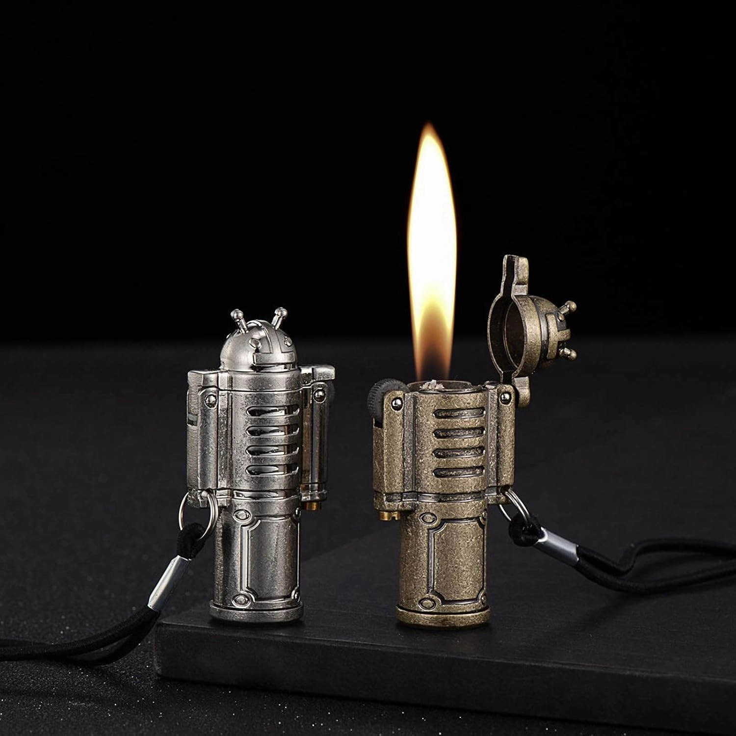 Robot Shaped Kerosene Lighter, Vintage Trench Lighter, Mini Metal Portable Pocket Lighter with 7 Flints and 1 Wick, Bronzy