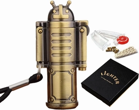 Robot Shaped Kerosene Lighter, Vintage Trench Lighter, Mini Metal Portable Pocket Lighter with 7 Flints and 1 Wick, Bronzy