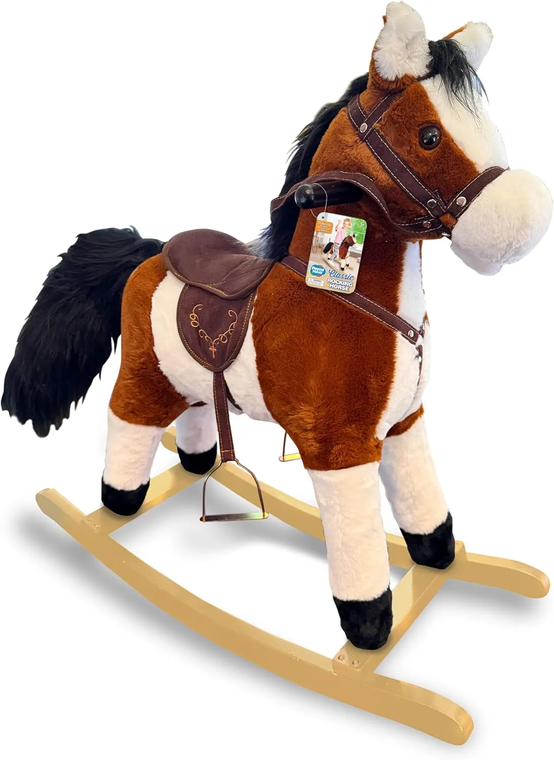 Rocking Horse with Animated Tail and Mouth, Includes Sound Effects, 29-Inch Tall with Saddle and Rockers - Realistic Bridle, Reigns, Soft Stuffed Pony