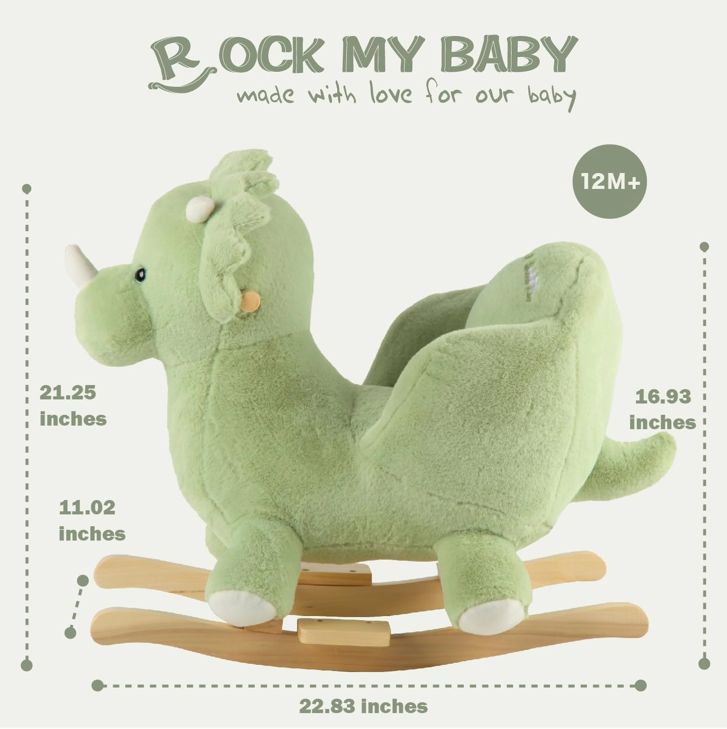 Rocking Horse Green Dinosaur with Chair, Plush Stuffed Animal Rocker, Baby Rocker with Sweet Music, Wooden Rocking Horse Baby Animal Rocker,CPC Certified