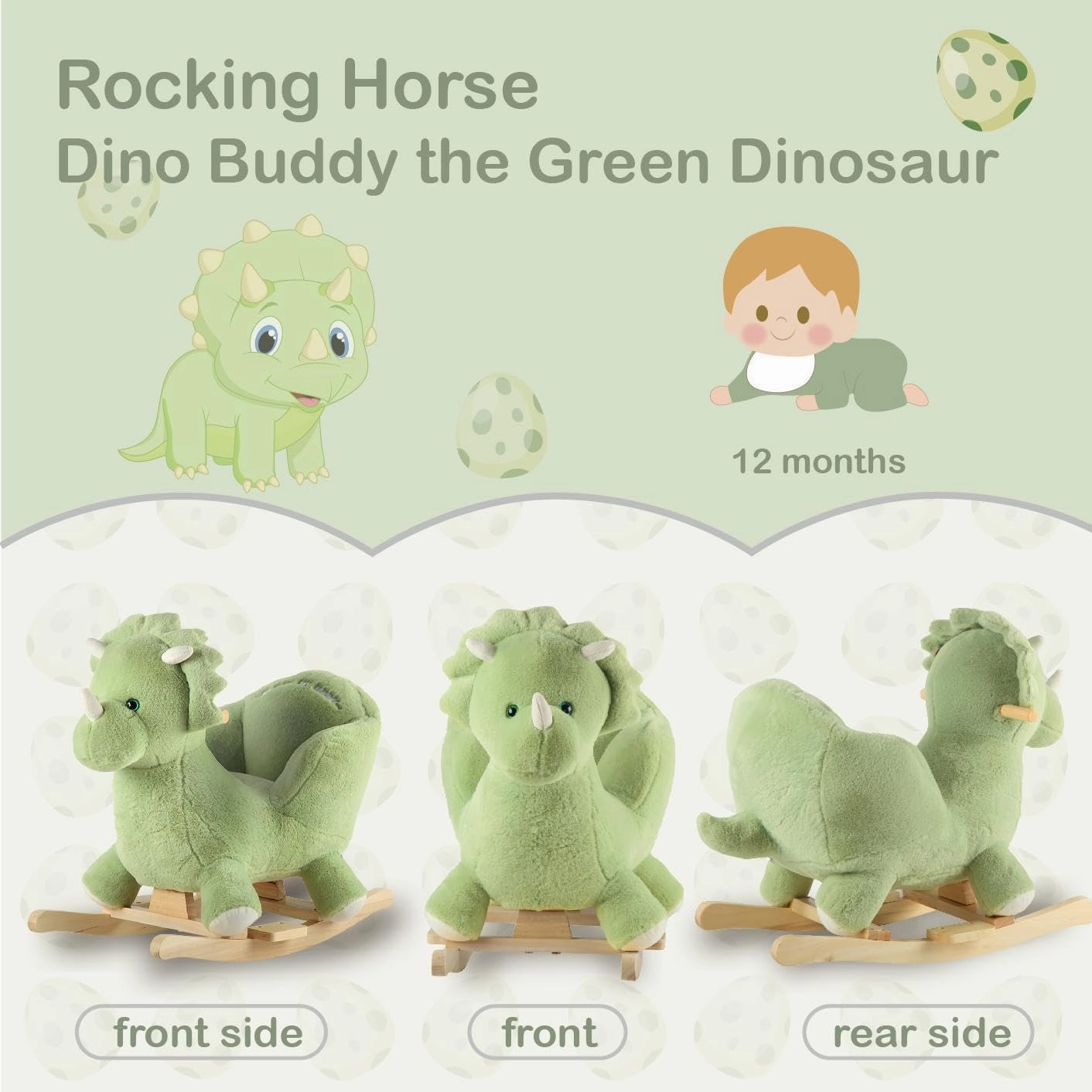 Rocking Horse Green Dinosaur with Chair, Plush Stuffed Animal Rocker, Baby Rocker with Sweet Music, Wooden Rocking Horse Baby Animal Rocker,CPC Certified