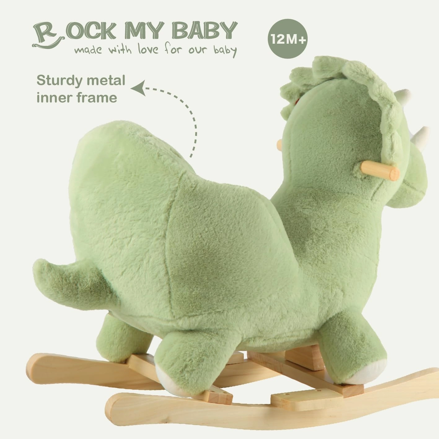 Rocking Horse Green Dinosaur with Chair, Plush Stuffed Animal Rocker, Baby Rocker with Sweet Music, Wooden Rocking Horse Baby Animal Rocker,CPC Certified