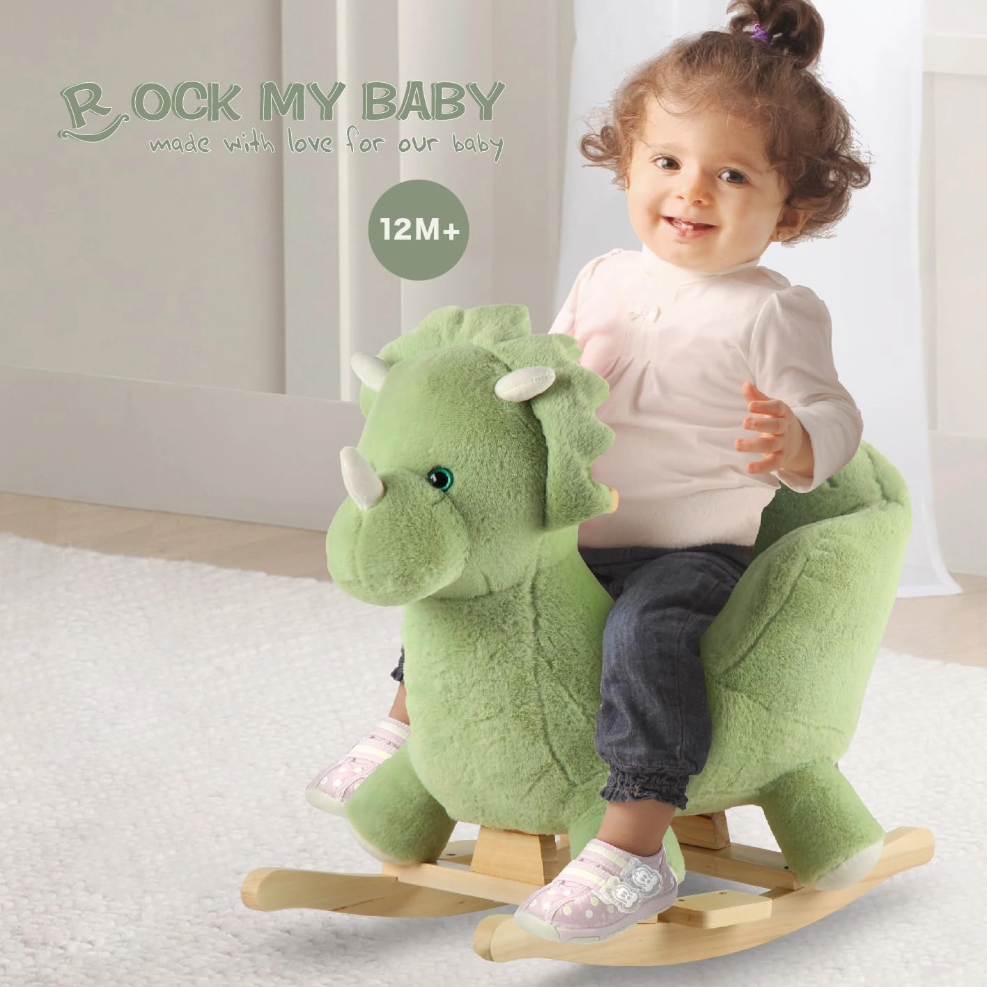 Rocking Horse Green Dinosaur with Chair, Plush Stuffed Animal Rocker, Baby Rocker with Sweet Music, Wooden Rocking Horse Baby Animal Rocker,CPC Certified