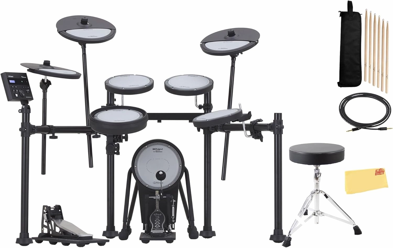Roland VQD106 V-Drums Quiet Design Kit Bundle with Drum Throne, Cable, Drumsticks, Drumstick Bag, and Austin Bazaar Polishing Cloth