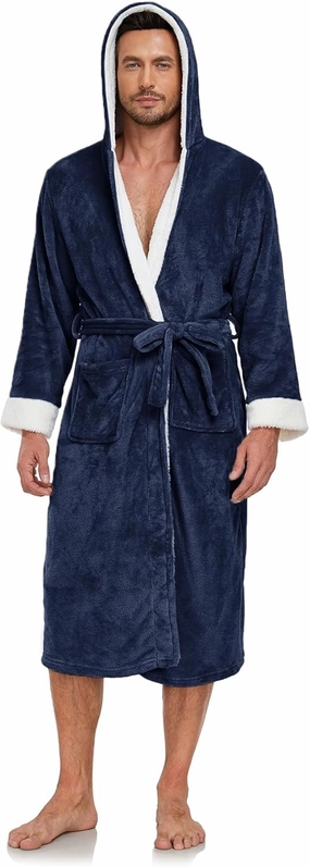 RONGTAI Mens Hooded Fleece Bathrobe Soft Plush Long Robe for Men with Belt & 2 Pockets