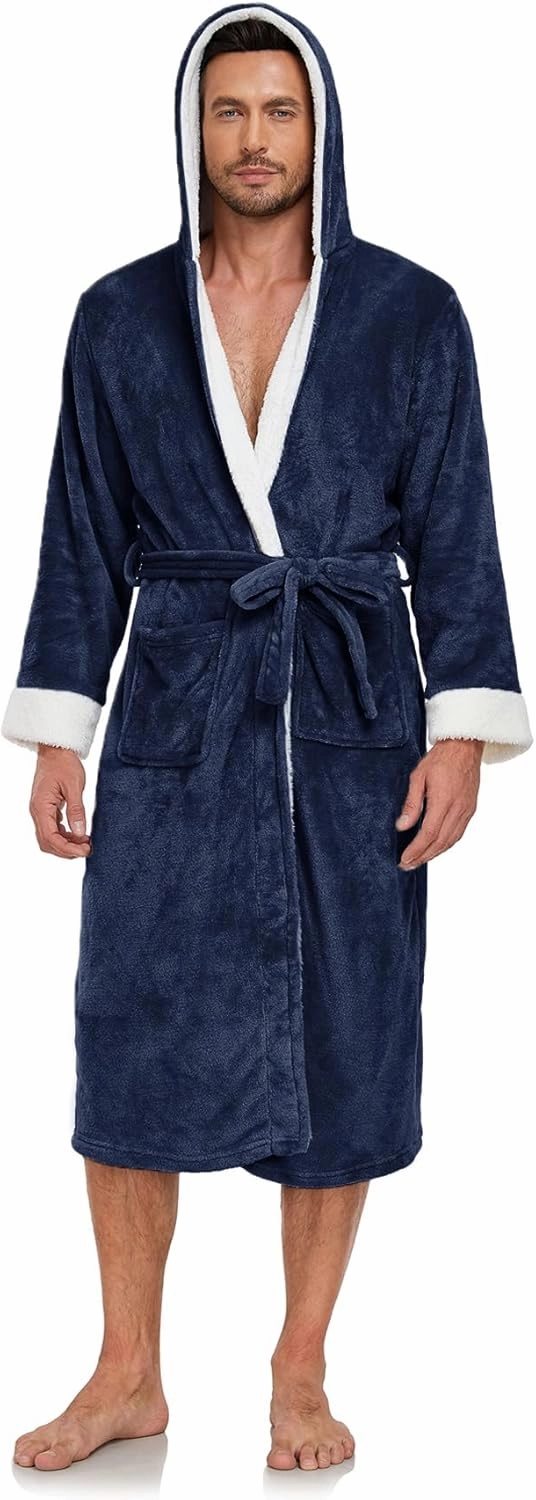RONGTAI Mens Hooded Fleece Bathrobe Soft Plush Long Robe for Men with Belt & 2 Pockets