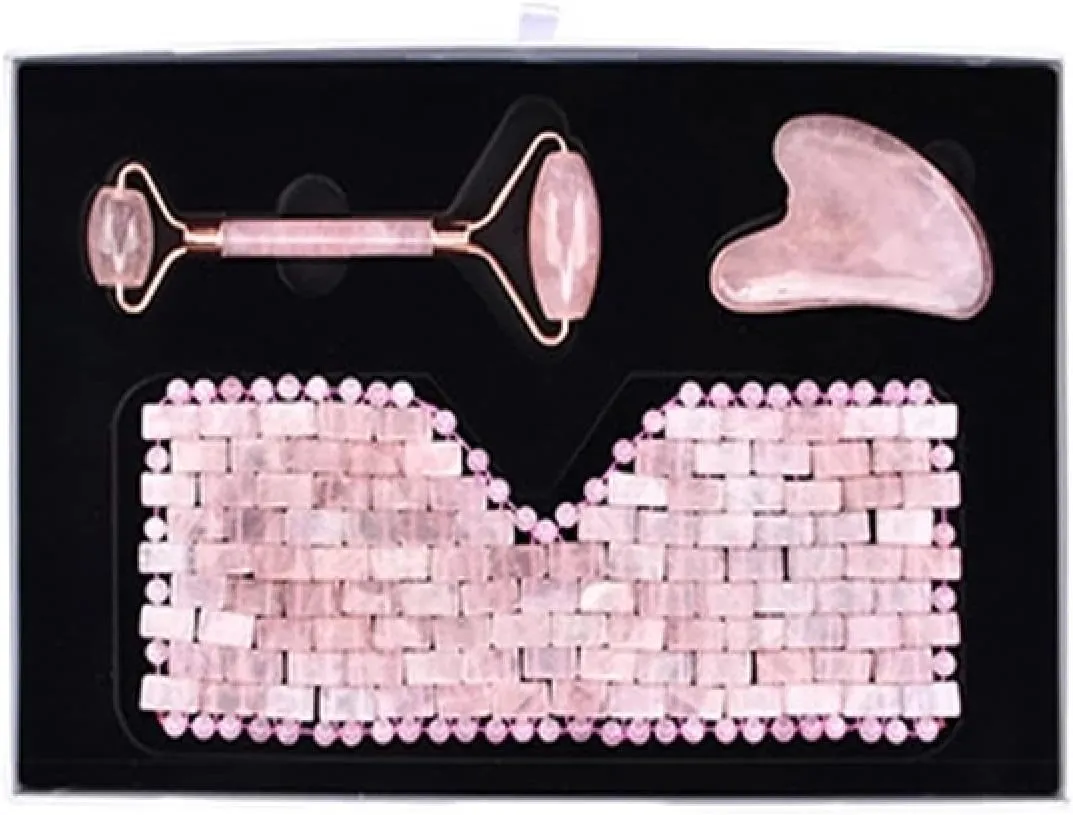 Rose Quartz Gouache Scraper Jade Eye Massager Face Massage Roller Set Natural Gouache Stone Sleep Jade Eye Mask Gua Sha Scraper,Type 4 with Box