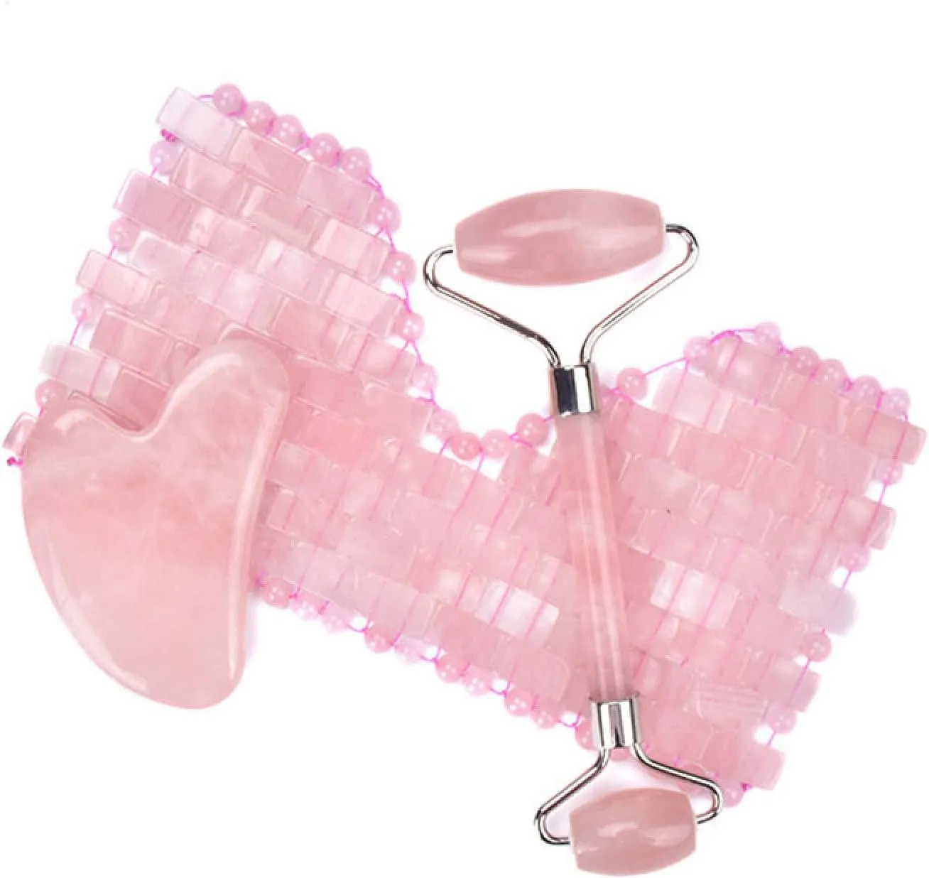Rose Quartz Gouache Scraper Jade Eye Massager Face Massage Roller Set Natural Gouache Stone Sleep Jade Eye Mask Gua Sha Scraper,Type 4 with Box