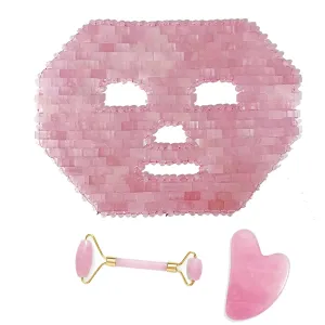Rose Quartz Mask Amethyst Facial Mask with Jade Flower Jade Roller Gua Sha Set for Spa Skin Care Tool Cold Therapy Beauty Tool for Relieving Face Eye Puffiness (Color : Pink, Size : 3 PCS)
