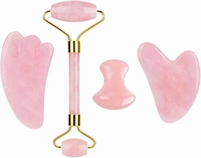 Rose Quartz Face Roller And Gua Sha Set Natural Jade Gouache Scraper Gua Sha Massage Quartz Roller Facial Lifting Massage Tool,type 1