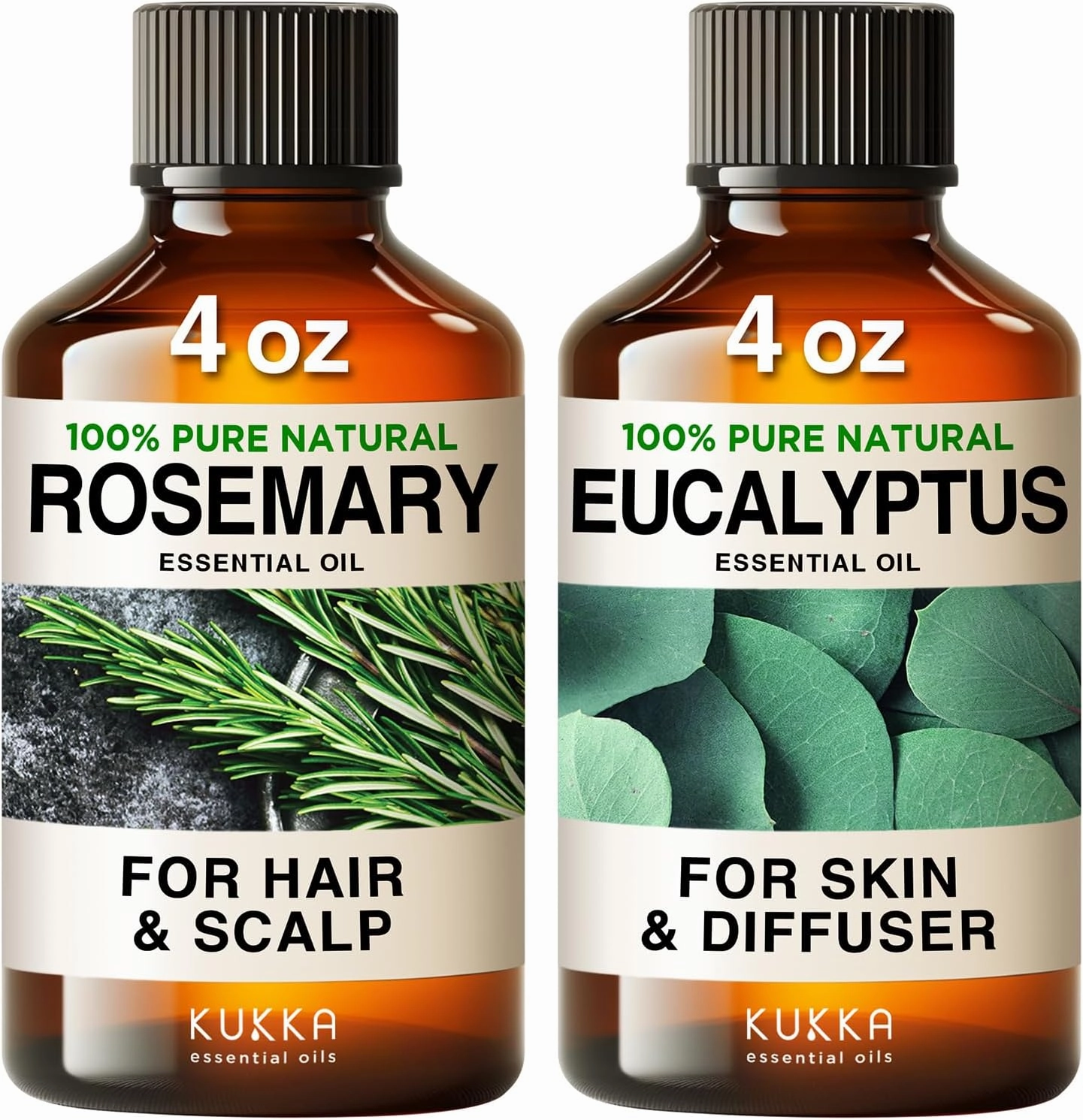 Rosemary Oil for Hair & Eucalyptus Essential Oil for Diffuser Set - 100% Natural Aromatherapy Grade Essential Oils Set - 2x4 fl oz - Kukka