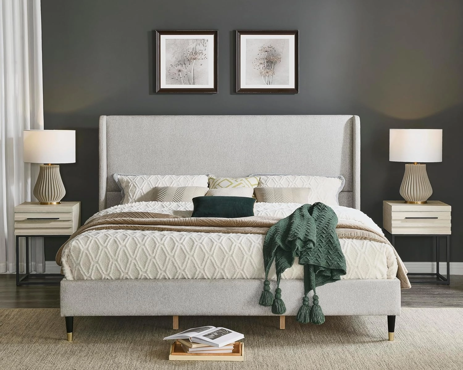 Roundhill Furniture Arles 3-Piece Upholstered Bedroom Set, Wingback Platform Bed with Two Nightstands, Light Gray Fabric, King
