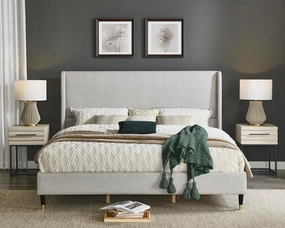 Roundhill Furniture Arles 3-Piece Upholstered Bedroom Set, Wingback Platform Bed with Two Nightstands, Light Gray Fabric, King