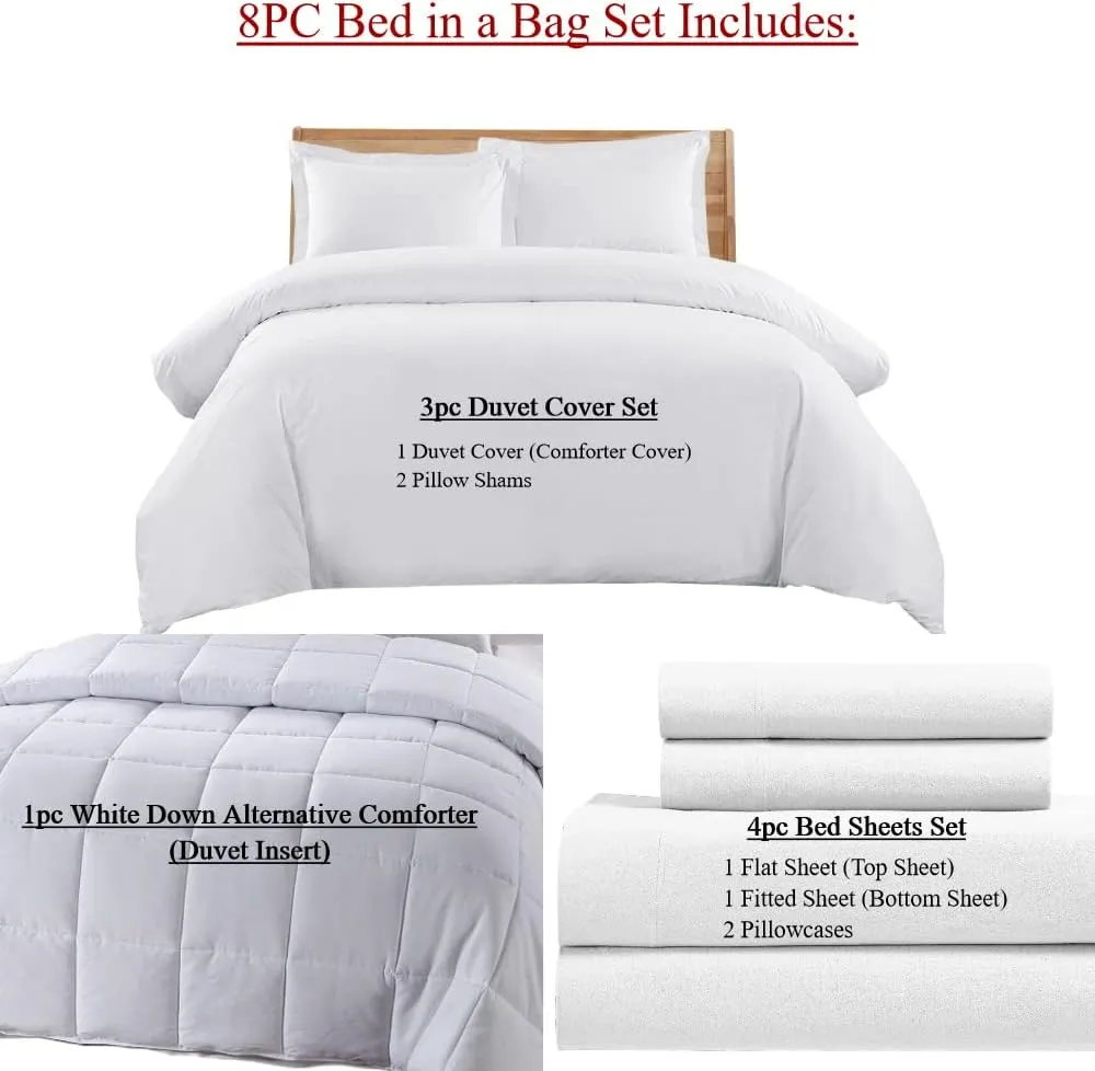 Royal Tradition 8PC Heavyweight Flannel Bed in a Bag -King Size- Solid White (Duvet Cover Set with Matching Bed Sheets) Including White Down Alternative Comforter