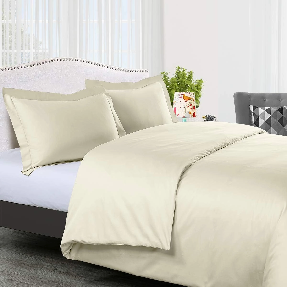 Royal Tradition Solid 300-Thread-Count, 100-Percent Cotton Full/Queen, 3PC Duvet Cover Set with Buttons Enclosure, Ivory