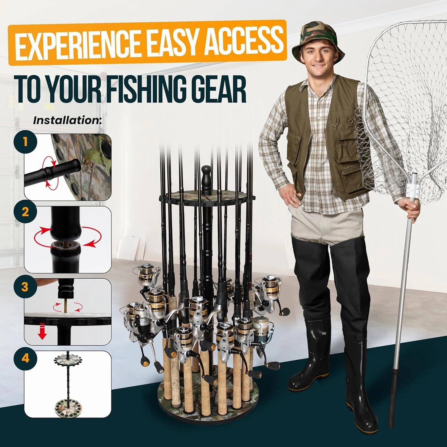 Rush Creek Creations | Rod Holder for 16 Fishing Poles, Garage Organization and Storage, for Reels, Gear, Accessories, Tackle Box