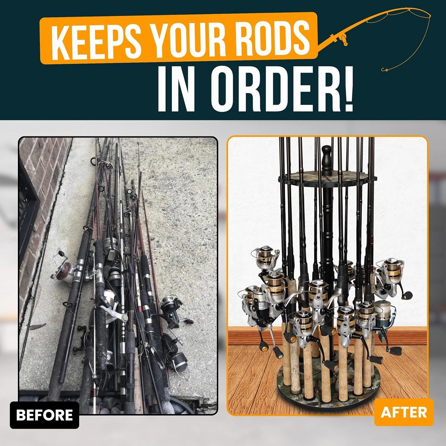 Rush Creek Creations | Rod Holder for 16 Fishing Poles, Garage Organization and Storage, for Reels, Gear, Accessories, Tackle Box