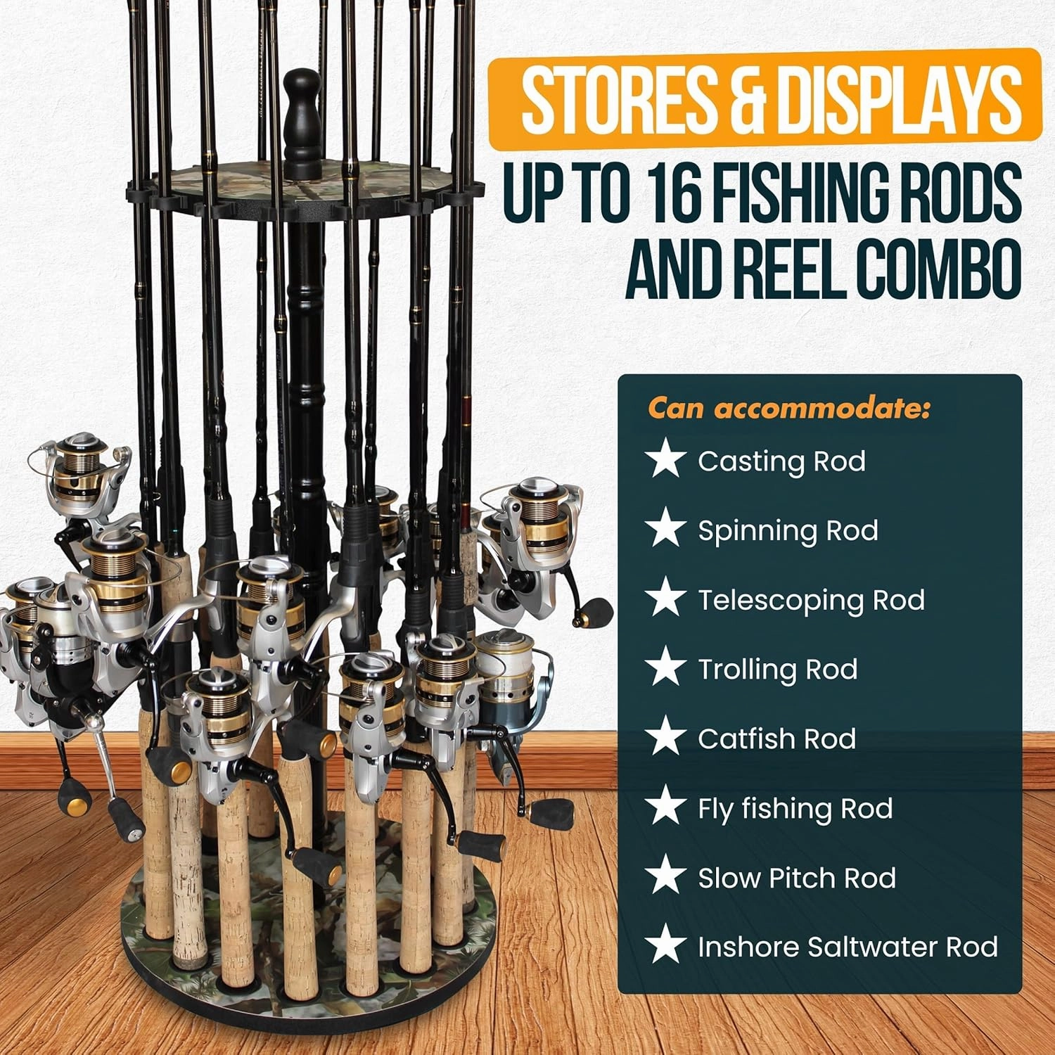 Rush Creek Creations | Rod Holder for 16 Fishing Poles, Garage Organization and Storage, for Reels, Gear, Accessories, Tackle Box
