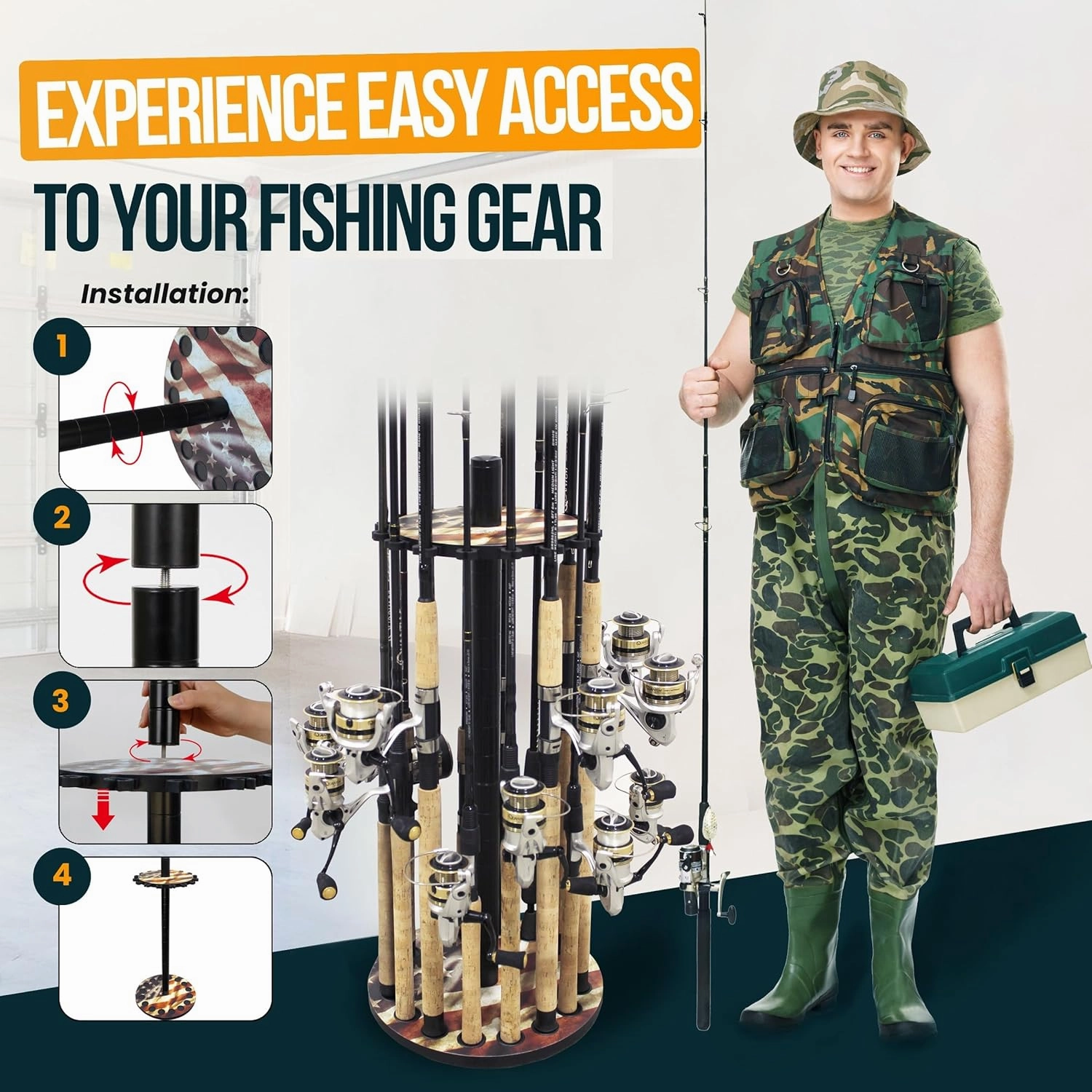 Rush Creek Creations | Round Fishing Rod Holder for 16 Freshwater Fishing Poles, Fishing Gear, and Fishing Accessories | Fishing Rod Rack with 16 Fishing Rod Clips for Garage Organization