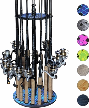 Rush Creek Creations | Round Spinning Rod Holder for 16 Freshwater Poles, Gear, and Accessories | Rack With 16 Clips for Garage Organization