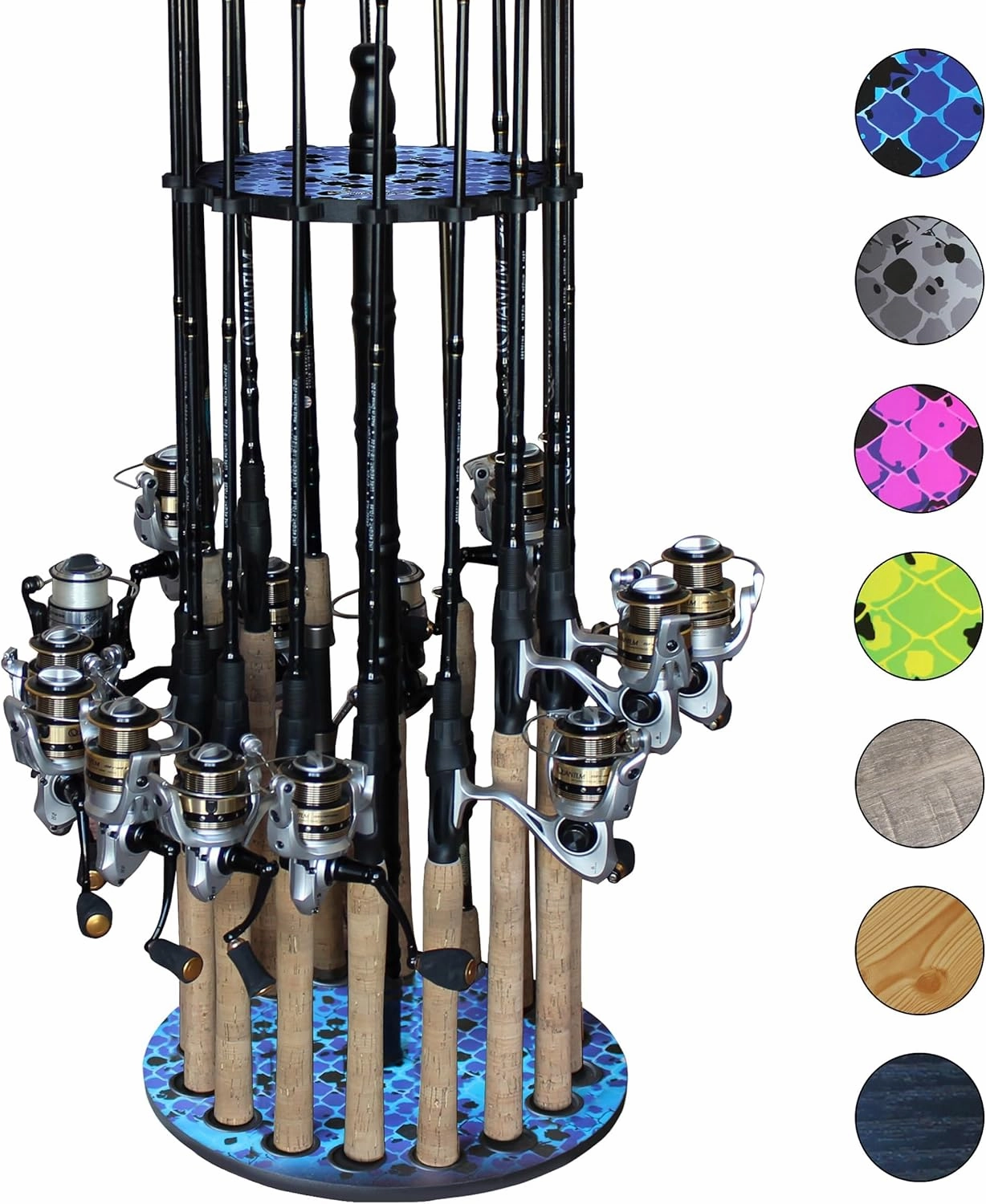 Rush Creek Creations | Round Spinning Rod Holder for 16 Freshwater Poles, Gear, and Accessories | Rack With 16 Clips for Garage Organization