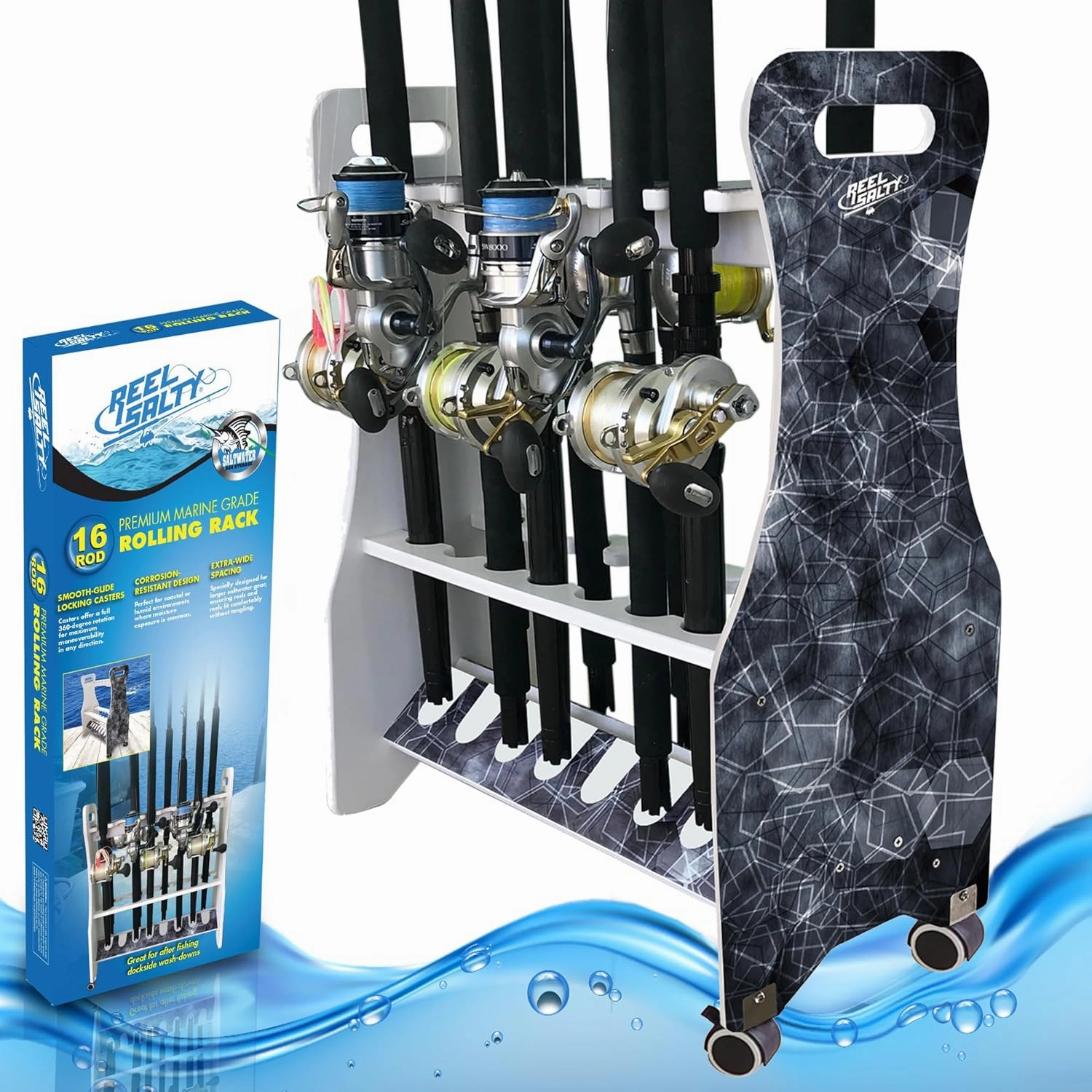 Rush Creek Creations Reel Salty Waterproof Marine Grade 16 Rolling Fishing Rod Holder Dock/Garage Storage Rack, Father's Day Gift, Gift for Dad and Grandpa, Gray/White, 29.8" L x 11.6" W x 30.9" H