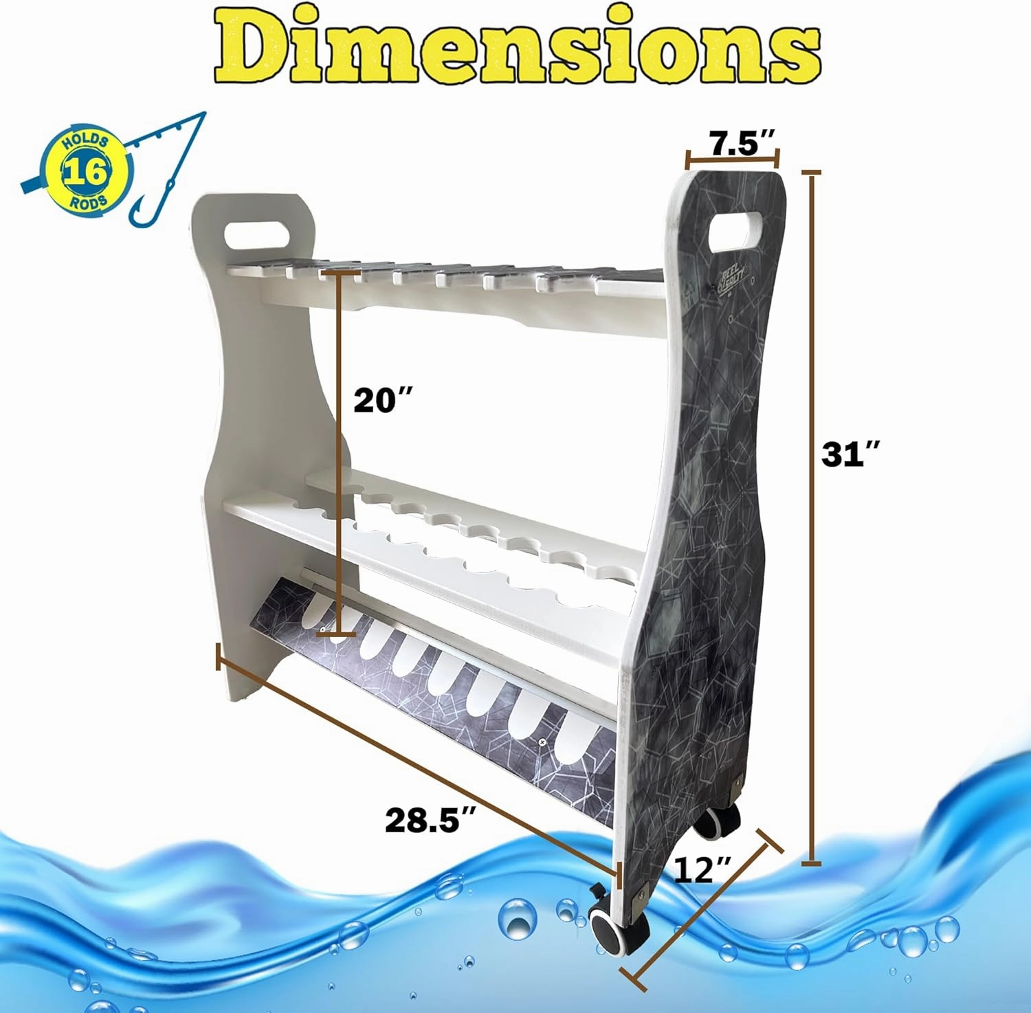Rush Creek Creations Reel Salty Waterproof Marine Grade 16 Rolling Fishing Rod Holder Dock/Garage Storage Rack, Father's Day Gift, Gift for Dad and Grandpa, Gray/White, 29.8" L x 11.6" W x 30.9" H
