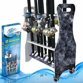 Rush Creek Creations Reel Salty Waterproof Marine Grade 16 Rolling Fishing Rod Holder Dock/Garage Storage Rack, Father's Day Gift, Gift for Dad and Grandpa, Gray/White, 29.8" L x 11.6" W x 30.9" H