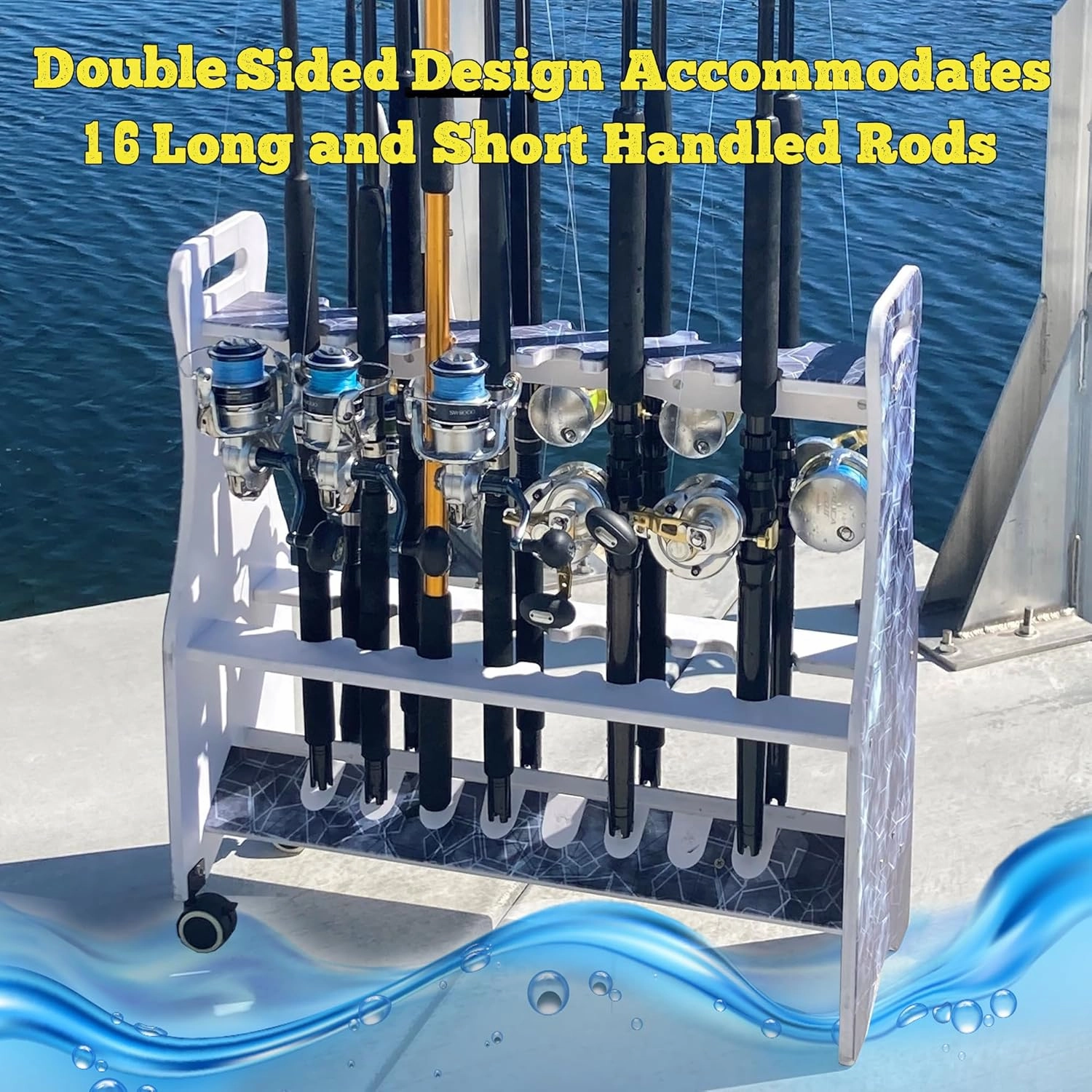 Rush Creek Creations Reel Salty Waterproof Marine Grade 16 Rolling Fishing Rod Holder Dock/Garage Storage Rack, Father's Day Gift, Gift for Dad and Grandpa, Gray/White, 29.8" L x 11.6" W x 30.9" H