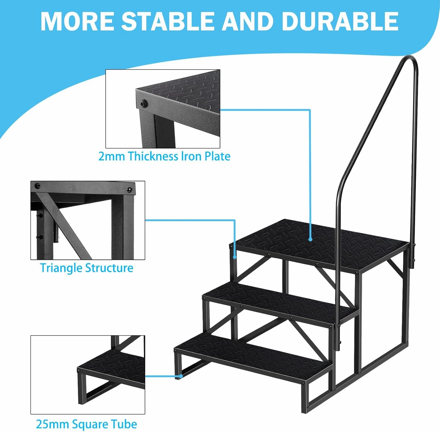 RV Step Stool, 3 Step Ladder, Hot Tub Steps with Handrail, Portable Pool Ladder, 660Lbs Heavy Duty Ladder Shelf Outdoor Mobile Home Stairs for Camper/Porch/SPA Pool/Pet Stairs(1 Pack)