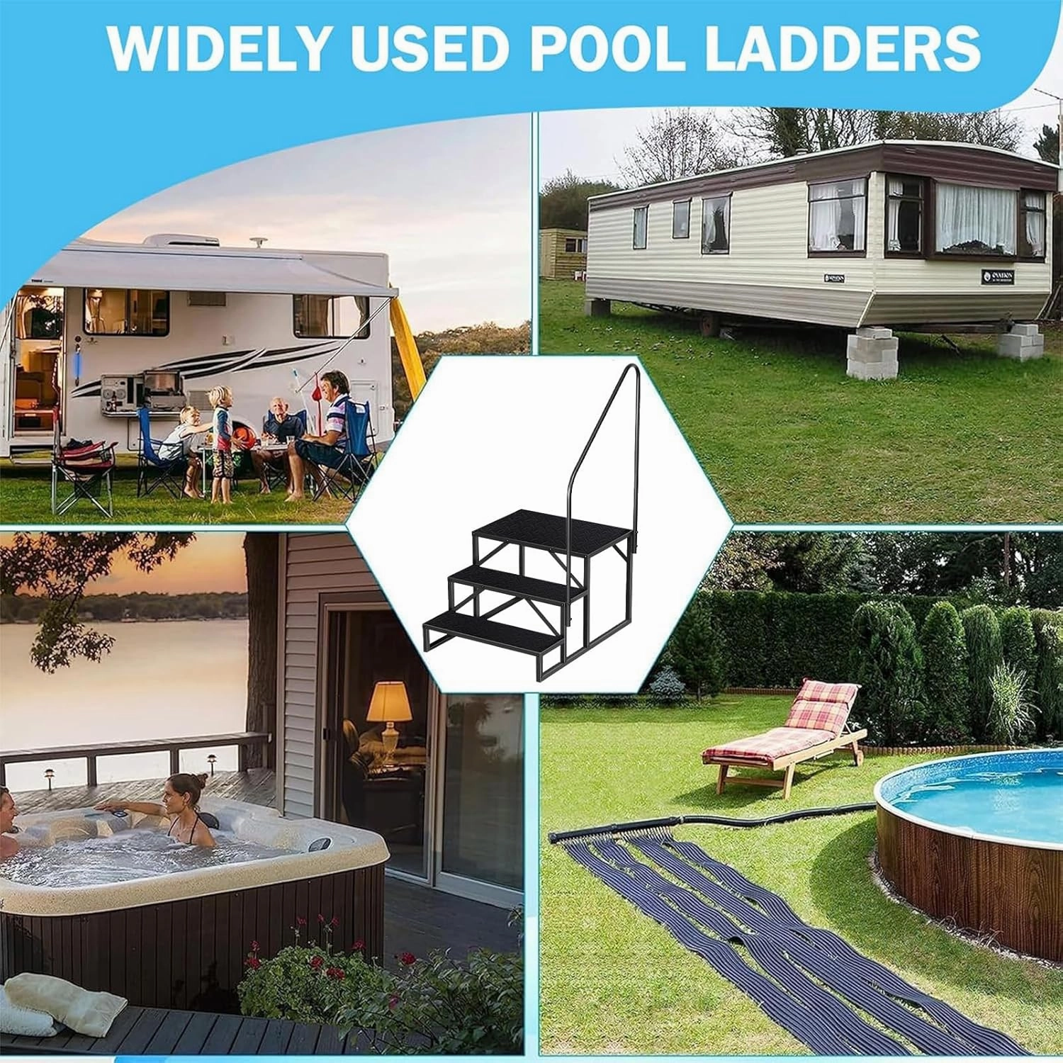 RV Step Stool, 3 Step Ladder, Hot Tub Steps with Handrail, Portable Pool Ladder, 660Lbs Heavy Duty Ladder Shelf Outdoor Mobile Home Stairs for Camper/Porch/SPA Pool/Pet Stairs(1 Pack)