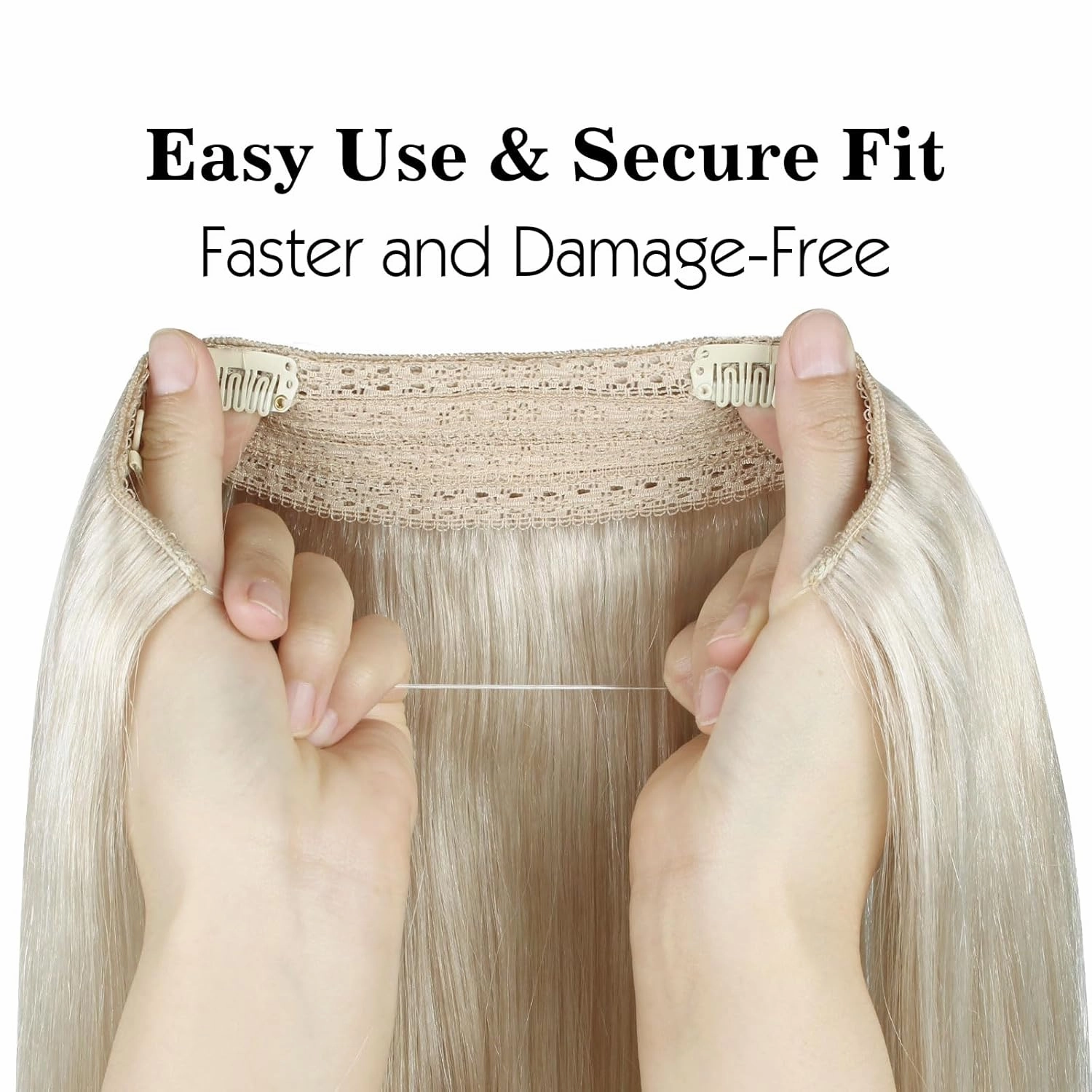 Sassina Invisible Wire Hair Extensions Real Human Hair with Transparent Wire Adjustable Size Secure Clips Natural Straight Secret Miracle Hairpiece, #1000 White Blonde 16 Inch 80 Gram