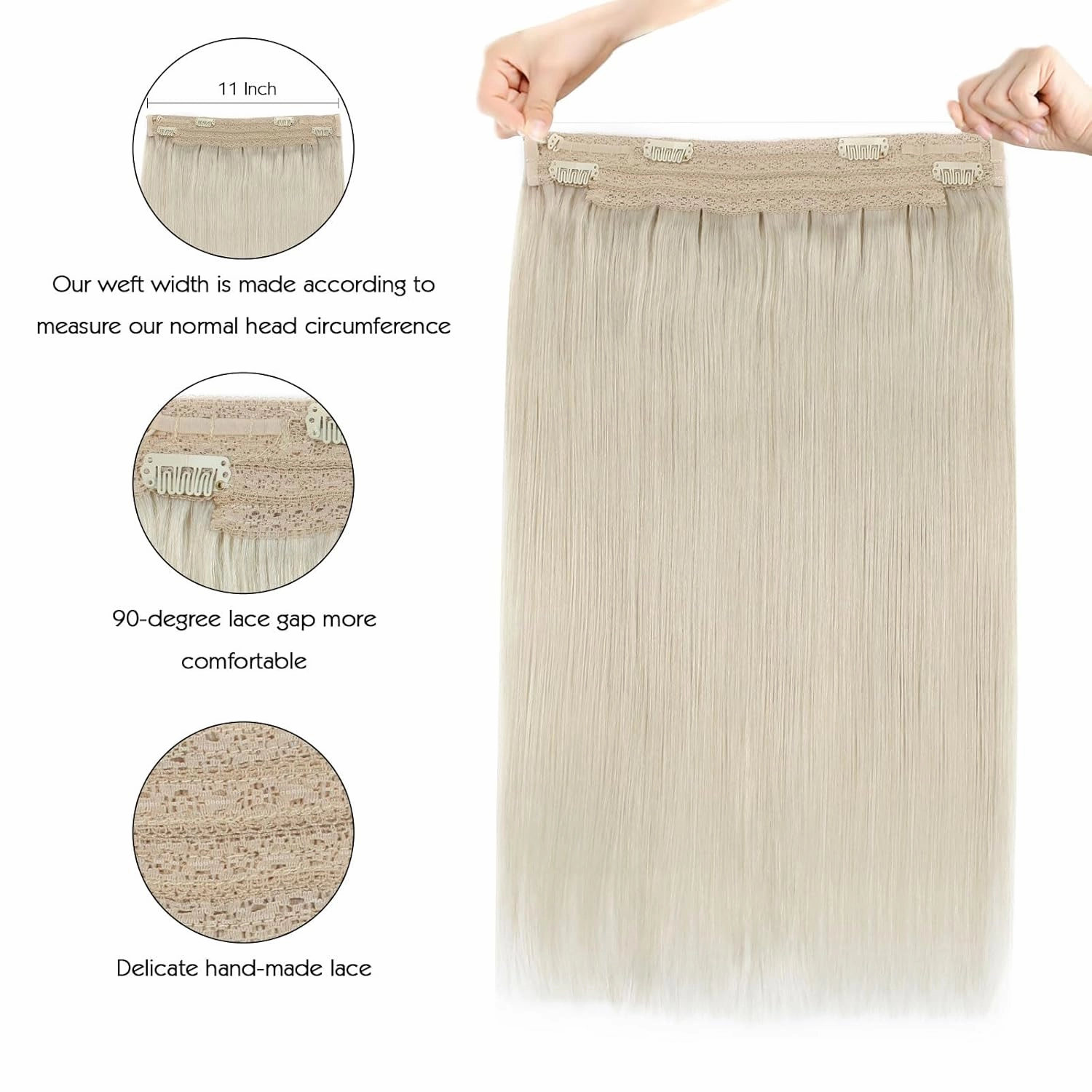 Sassina Invisible Wire Hair Extensions Real Human Hair with Transparent Wire Adjustable Size Secure Clips Natural Straight Secret Miracle Hairpiece, #1000 White Blonde 16 Inch 80 Gram
