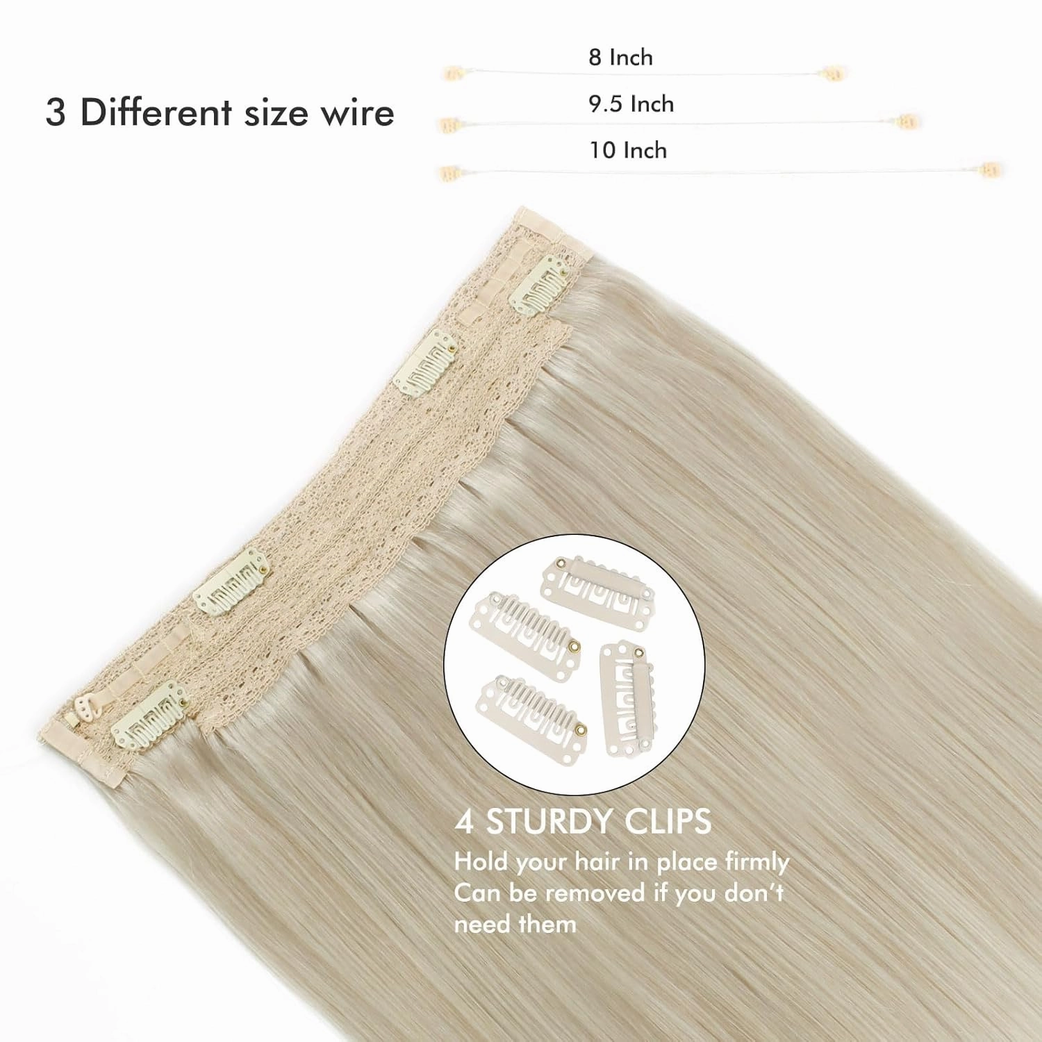 Sassina Invisible Wire Hair Extensions Real Human Hair with Transparent Wire Adjustable Size Secure Clips Natural Straight Secret Miracle Hairpiece, #1000 White Blonde 16 Inch 80 Gram