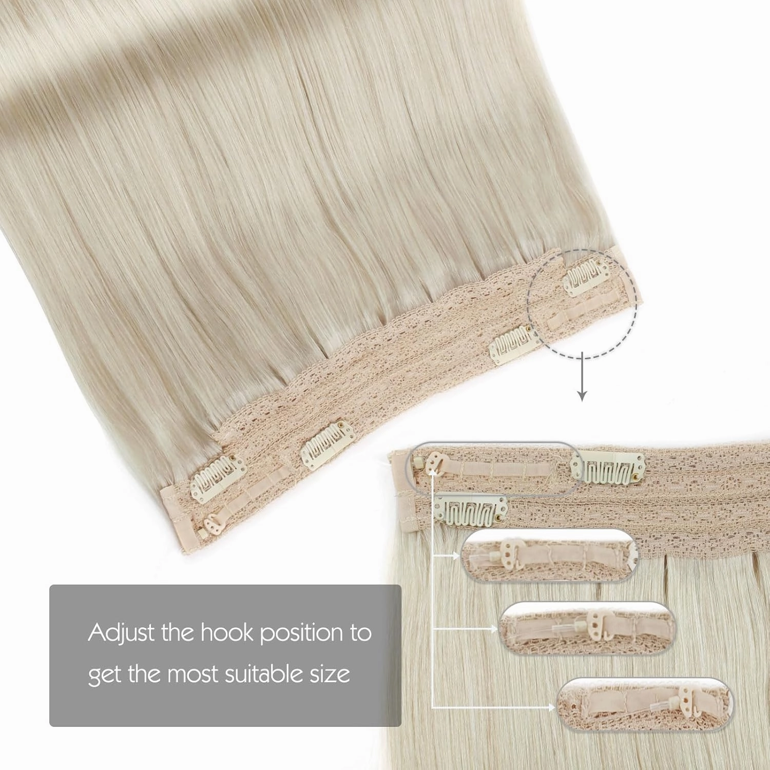 Sassina Invisible Wire Hair Extensions Real Human Hair with Transparent Wire Adjustable Size Secure Clips Natural Straight Secret Miracle Hairpiece, #1000 White Blonde 16 Inch 80 Gram