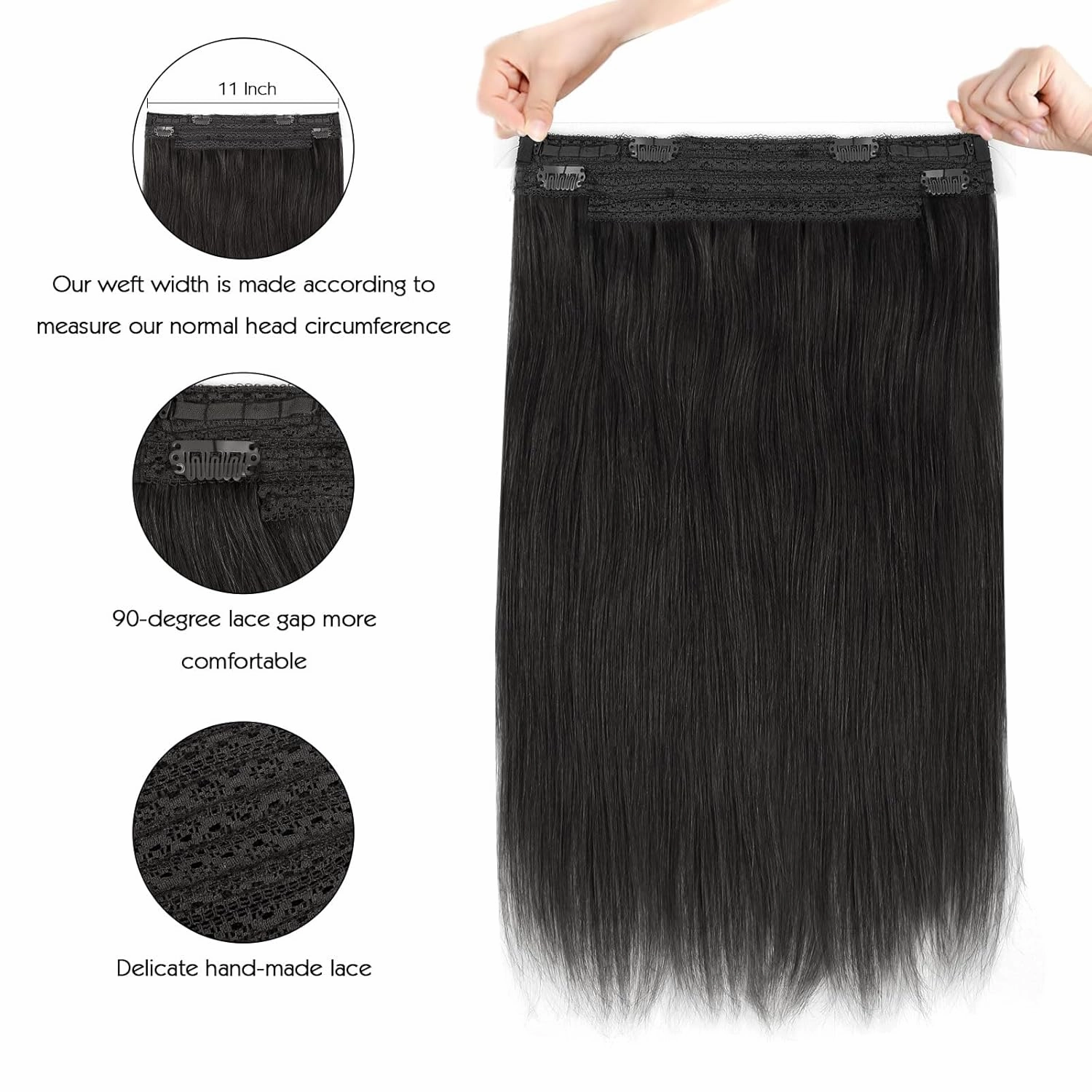 Sassina Invisible Wire Hair Extensions Real Human Hair with Transparent Wire Adjustable Size Secure Clips Natural Straight Secret Miracle Hairpiece, #1B Off Black 16 Inch 80 Gram