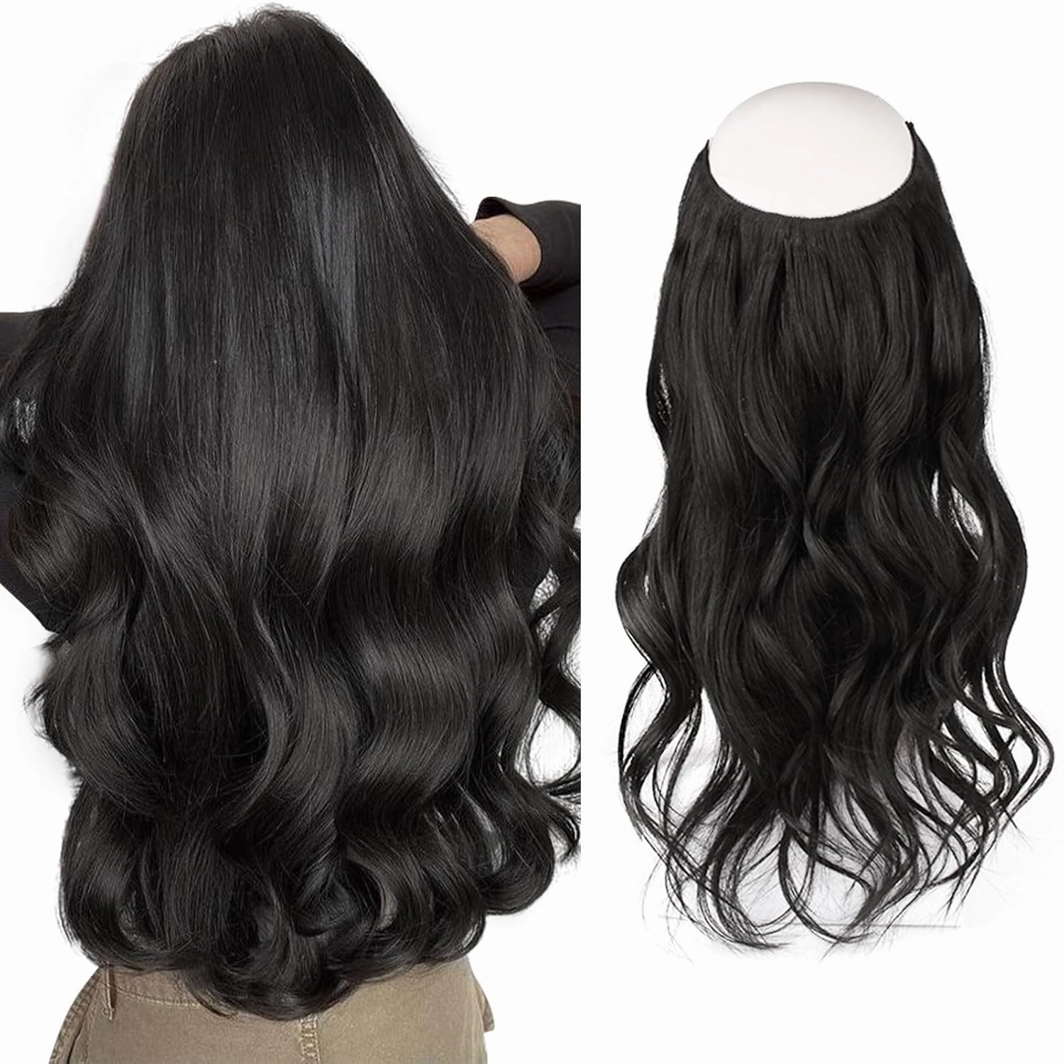 Sassina Invisible Wire Hair Extensions Real Human Hair with Transparent Wire Adjustable Size Secure Clips Natural Straight Secret Miracle Hairpiece, #1B Off Black 16 Inch 80 Gram