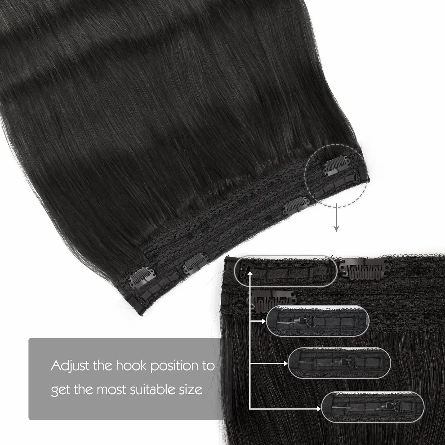 Sassina Invisible Wire Hair Extensions Real Human Hair with Transparent Wire Adjustable Size Secure Clips Natural Straight Secret Miracle Hairpiece, #1B Off Black 16 Inch 80 Gram