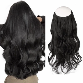 Sassina Invisible Wire Hair Extensions Real Human Hair with Transparent Wire Adjustable Size Secure Clips Natural Straight Secret Miracle Hairpiece, #1B Off Black 16 Inch 80 Gram