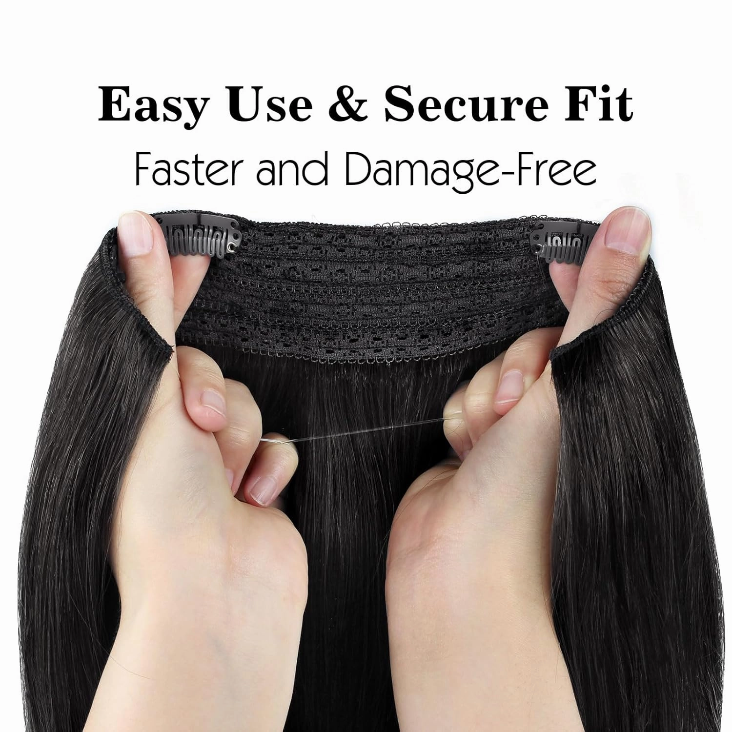 Sassina Invisible Wire Hair Extensions Real Human Hair with Transparent Wire Adjustable Size Secure Clips Natural Straight Secret Miracle Hairpiece, #1B Off Black 16 Inch 80 Gram